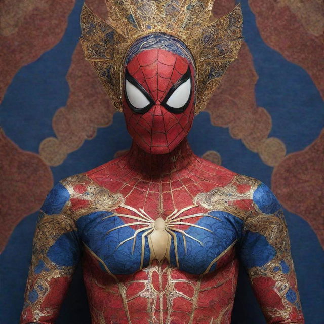 An interpretation of Spiderman's costume influenced by Indonesian culture, featuring traditional Batik patterns integrated into the iconic red and blue design, with gold accents resembling ancient Javanese superhero, and headdress inspired by Wayang Kulit puppetry