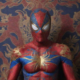 An interpretation of Spiderman's costume influenced by Indonesian culture, featuring traditional Batik patterns integrated into the iconic red and blue design, with gold accents resembling ancient Javanese superhero, and headdress inspired by Wayang Kulit puppetry