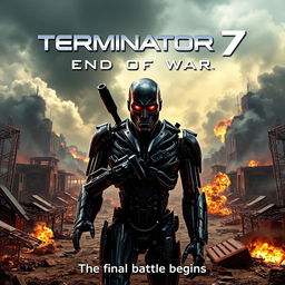 A cinematic poster for a fictional movie titled 'Terminator 7: End Of War', set in a dystopian future with advanced technology and epic landscapes