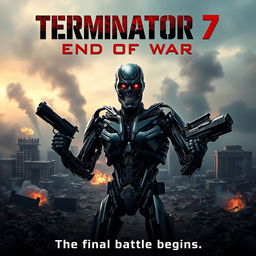 A cinematic poster for a fictional movie titled 'Terminator 7: End Of War', set in a dystopian future with advanced technology and epic landscapes