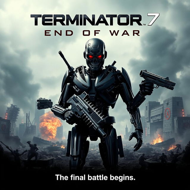 A cinematic poster for a fictional movie titled 'Terminator 7: End Of War', set in a dystopian future with advanced technology and epic landscapes