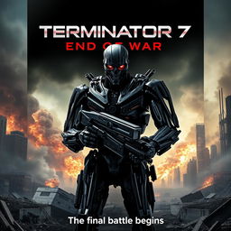 A cinematic poster for a fictional movie titled 'Terminator 7: End Of War', set in a dystopian future with advanced technology and epic landscapes