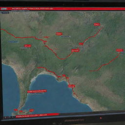 Create a visual of the computer screen in the control room, showing the map of Jurassic Park with all dinosaur paddock locations marked with red, indicating a major problem.