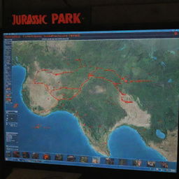 Create a visual of the computer screen in the control room, showing the map of Jurassic Park with all dinosaur paddock locations marked with red, indicating a major problem.