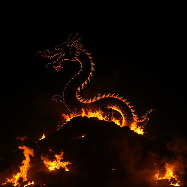 A majestic Chinese dragon emerging from a hill, with its silhouette prominently displayed against a backdrop of raging fire