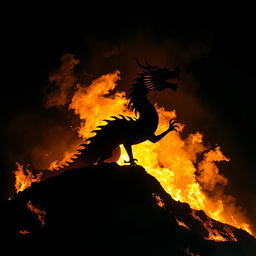 A majestic Chinese dragon emerging from a hill, with its silhouette prominently displayed against a backdrop of raging fire