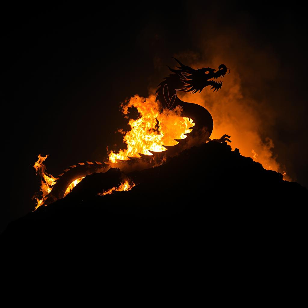 A majestic Chinese dragon emerging from a hill, with its silhouette prominently displayed against a backdrop of raging fire