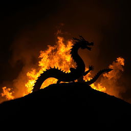 A majestic Chinese dragon emerging from a hill, with its silhouette prominently displayed against a backdrop of raging fire