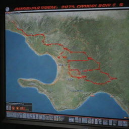 Create a visual of the computer screen in the control room, showing the map of Jurassic Park with all dinosaur paddock locations marked with red, indicating a major problem.