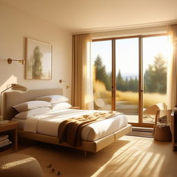 A picture-perfect, welcoming bedroom filled with modern furniture, accented with personal items, bathed in natural sunlight streaming through large windows, transmitting a sense of supreme comfort and coziness