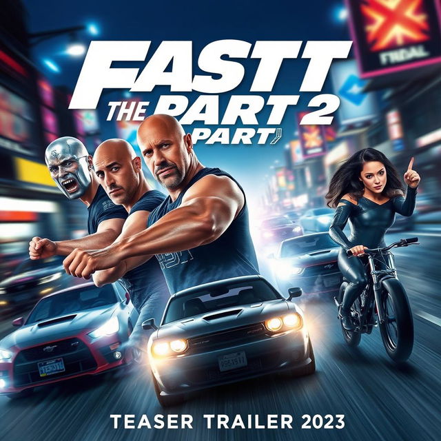 A dynamic movie poster for 'FAST X: PART 2', featuring the leading characters: Vin Diesel, Dwayne Johnson, Jason Momoa, and Gal Gadot, all in intense poses that convey power and adrenaline