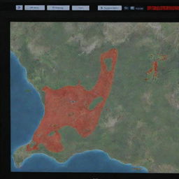 Create a visual of the computer screen in the control room, showing the map of Jurassic Park with all dinosaur paddock locations marked with red, indicating a major problem.