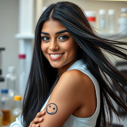 A captivating portrait of a very fair-skinned Arab woman with long, straight black hair flowing freely