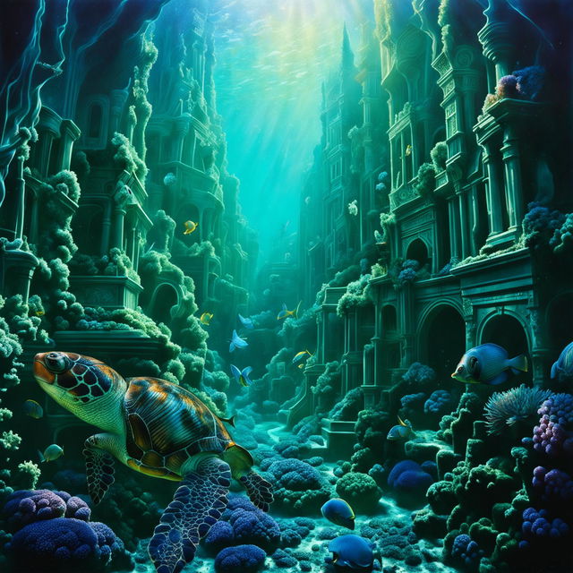 Hyper-realistic underwater photograph of Atlantis in Matthias Haker's style: detailed architecture, iridescent glow, vibrant marine life, and raw unedited beauty.