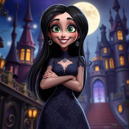 A stylized, artistic rendering of Mavis from Hotel Transylvania, portrayed with a confident and playful demeanor while embodying her vampire elegance