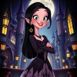 A stylized, artistic rendering of Mavis from Hotel Transylvania, portrayed with a confident and playful demeanor while embodying her vampire elegance