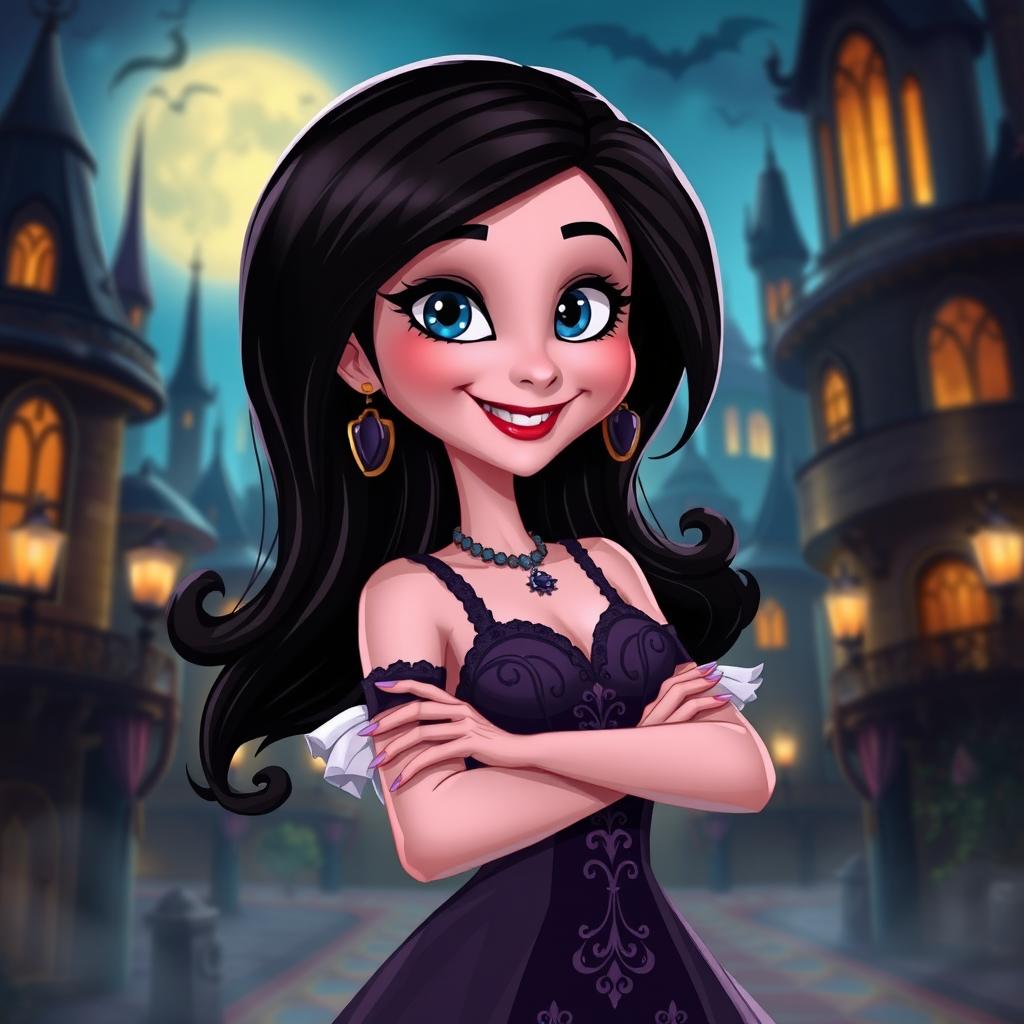 A stylized, artistic rendering of Mavis from Hotel Transylvania, portrayed with a confident and playful demeanor while embodying her vampire elegance