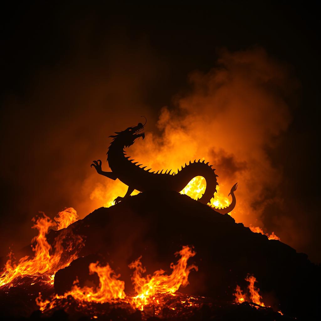 A striking scene featuring the silhouette of a Chinese dragon emerging from a hill, its shape dramatically outlined against a backdrop of raging fire