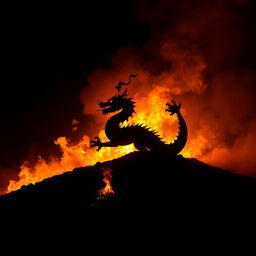 A striking scene featuring the silhouette of a Chinese dragon emerging from a hill, its shape dramatically outlined against a backdrop of raging fire