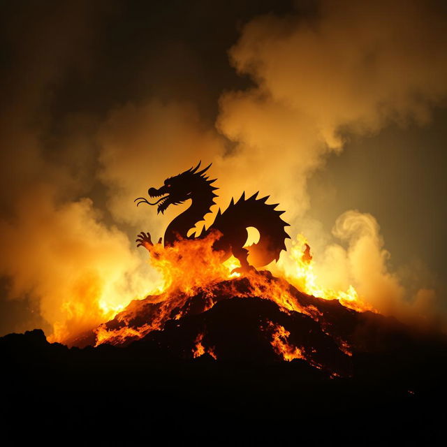 A striking scene featuring the silhouette of a Chinese dragon emerging from a hill, its shape dramatically outlined against a backdrop of raging fire