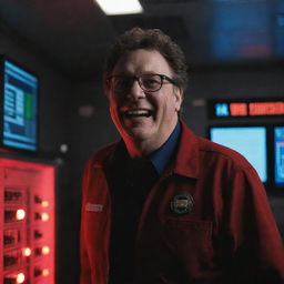 Generate an image of Denis Nedry exiting the now darkened control room, an accomplished grin on his face, as the alarm lights cast an alarming red glow over him.