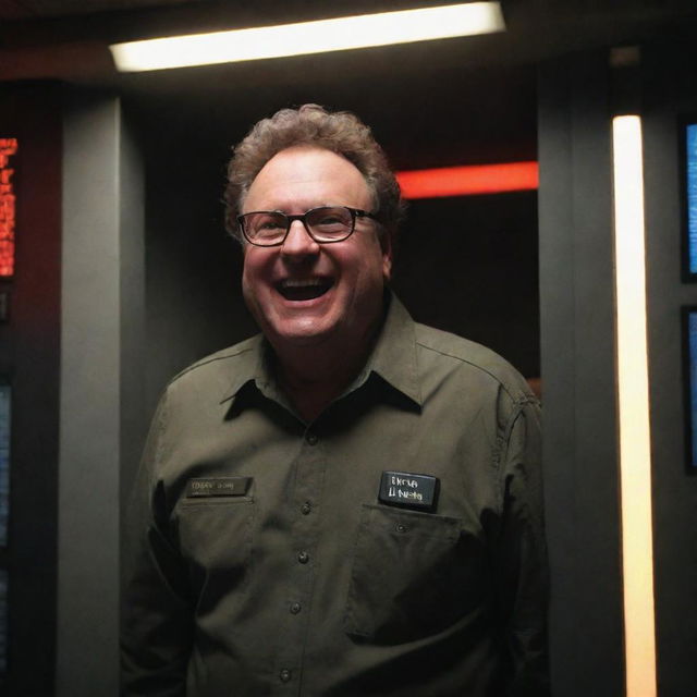 Generate an image of Denis Nedry exiting the now darkened control room, an accomplished grin on his face, as the alarm lights cast an alarming red glow over him.