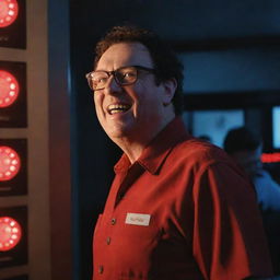 Generate an image of Denis Nedry exiting the now darkened control room, an accomplished grin on his face, as the alarm lights cast an alarming red glow over him.