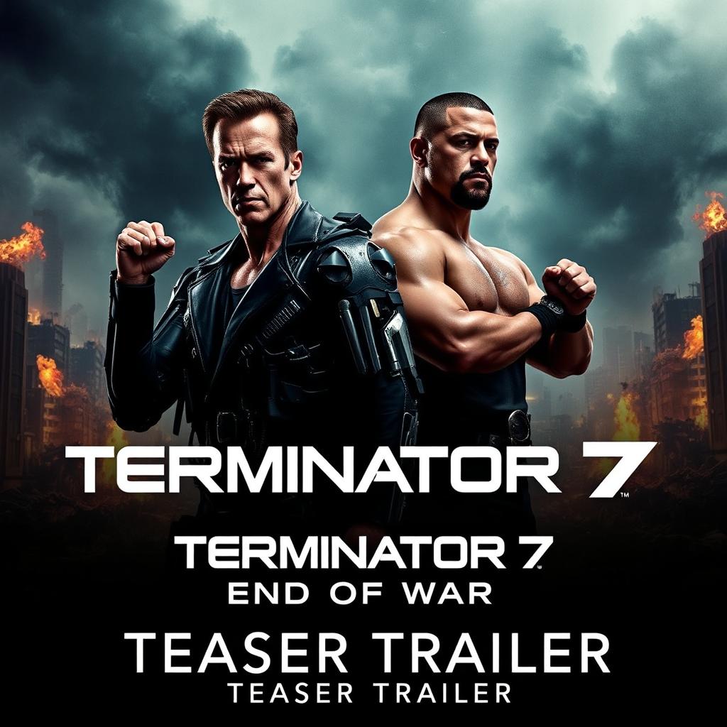 A thrilling teaser poster for 'TERMINATOR 7: End Of War', featuring Arnold Schwarzenegger and John Cena in powerful stances