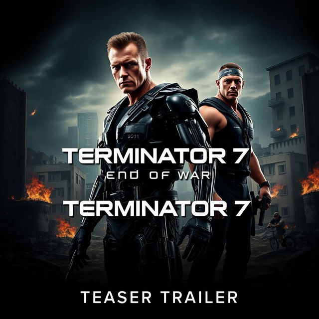 A thrilling teaser poster for 'TERMINATOR 7: End Of War', featuring Arnold Schwarzenegger and John Cena in powerful stances