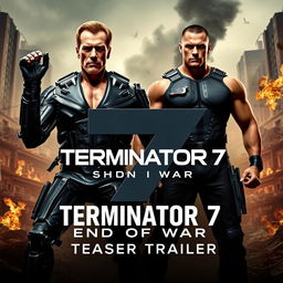 A thrilling teaser poster for 'TERMINATOR 7: End Of War', featuring Arnold Schwarzenegger and John Cena in powerful stances