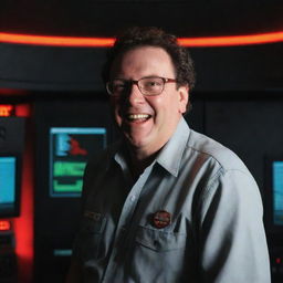 Generate an image of Denis Nedry exiting the now darkened control room, an accomplished grin on his face, as the alarm lights cast an alarming red glow over him.