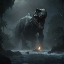 Depict a scene of Isla Nublar plunged into total darkness, the only sources of light being the ominous glowing eyes of the dinosaurs and the sporadic flashes of residual system alarms.