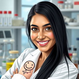 An imaginative depiction of a smiling Arab woman, 26 years old, with very fair skin, long straight black hair cascading freely around her shoulders, and deep black eyes exuding warmth and intelligence