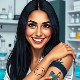 An imaginative depiction of a smiling Arab woman, 26 years old, with very fair skin, long straight black hair cascading freely around her shoulders, and deep black eyes exuding warmth and intelligence