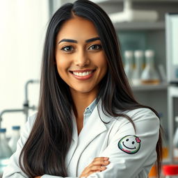 An imaginative depiction of a smiling Arab woman, 26 years old, with very fair skin, long straight black hair cascading freely around her shoulders, and deep black eyes exuding warmth and intelligence