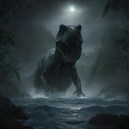 Depict a scene of Isla Nublar plunged into total darkness, the only sources of light being the ominous glowing eyes of the dinosaurs and the sporadic flashes of residual system alarms.