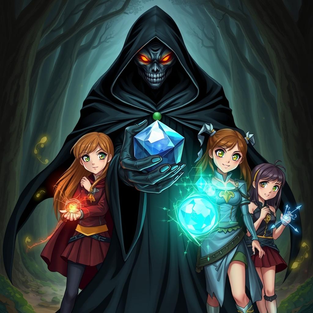 A scary black sorcerer holding a magical stone, surrounded by a group of four heroic teenage girls with magical powers