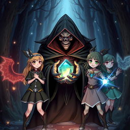 A scary black sorcerer holding a magical stone, surrounded by a group of four heroic teenage girls with magical powers