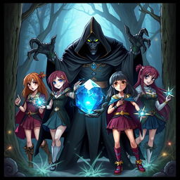 A scary black sorcerer holding a magical stone, surrounded by a group of four heroic teenage girls with magical powers