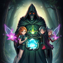 A scary black sorcerer holding a magical stone, surrounded by a group of four heroic teenage girls with magical powers