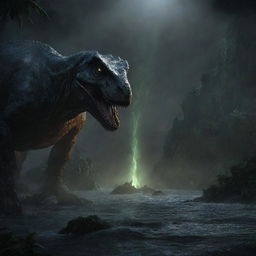 Depict a scene of Isla Nublar plunged into total darkness, the only sources of light being the ominous glowing eyes of the dinosaurs and the sporadic flashes of residual system alarms.