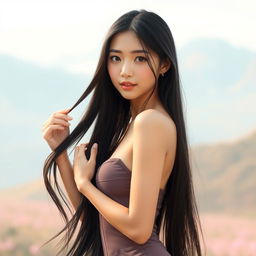 A beautiful, slim Chinese girl with an alluring presence, showcasing her elegance and charm