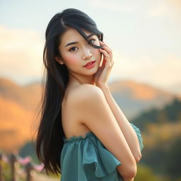A beautiful, slim Chinese girl with an alluring presence, showcasing her elegance and charm