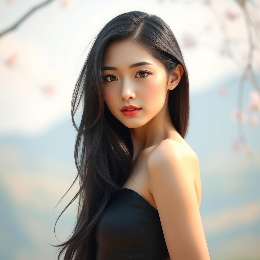 A beautiful, slim Chinese girl with an alluring presence, showcasing her elegance and charm