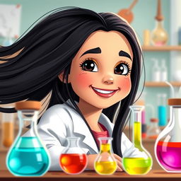 A whimsical scene featuring a young Arab girl, 10 years old, with very fair skin and long, straight black hair flowing freely