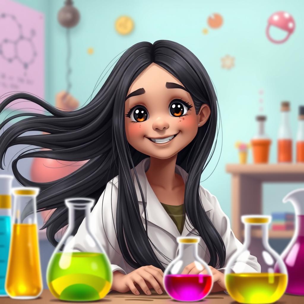 A whimsical scene featuring a young Arab girl, 10 years old, with very fair skin and long, straight black hair flowing freely