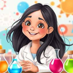 A whimsical scene featuring a young Arab girl, 10 years old, with very fair skin and long, straight black hair flowing freely