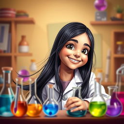 A whimsical scene featuring a young Arab girl, 10 years old, with very fair skin and long, straight black hair flowing freely