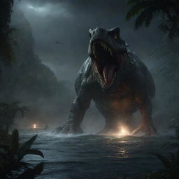 Depict a scene of Isla Nublar plunged into total darkness, the only sources of light being the ominous glowing eyes of the dinosaurs and the sporadic flashes of residual system alarms.