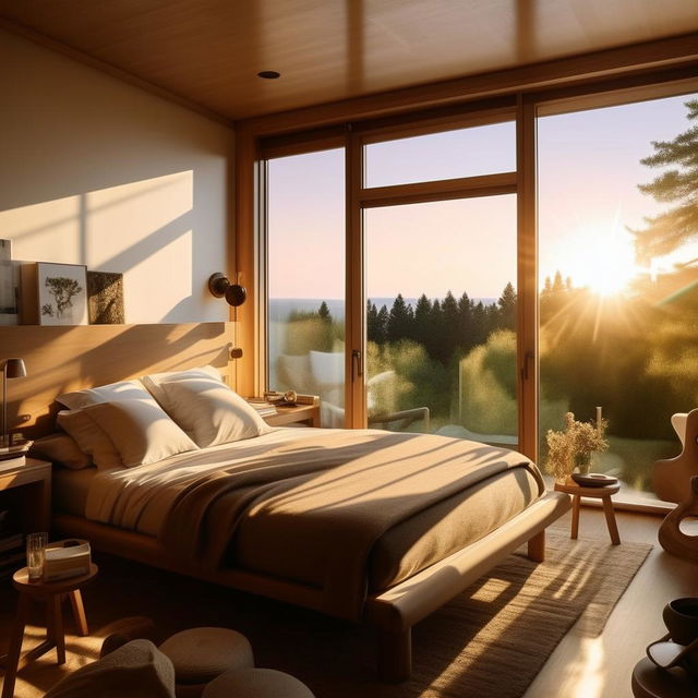 A picture-perfect, welcoming bedroom filled with modern furniture, accented with personal items, bathed in natural sunlight streaming through large windows, transmitting a sense of supreme comfort and coziness